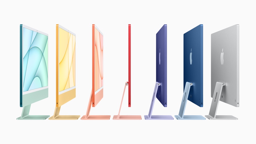 Jede Farbvariante des iMac mit M1 Chip ein einer Reihe aufgestellt.