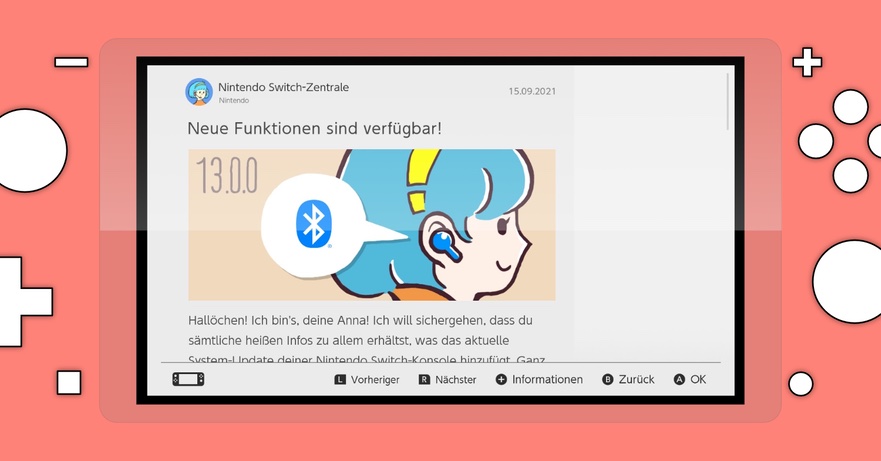 Screenshot von Nintendos Newsmeldung mit Zeichentrick-Figur mit einem Bluetooth-Ohrhörer im Ohr, eingerahmt in eine schematische Nachbildung der Switch Lite.