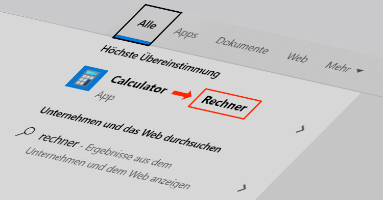 Screenshot-Collage des Windows-Startemenüs auf Deutsch mit englischer Calculator-App.