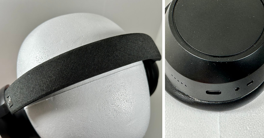 Bügel von oben, rechter Hörer: Status-LED, Ports (USB-C, 2,5 mm) & Mikrofon.