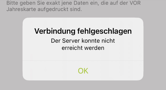 Screenshot aus der App mit der Fehlermeldung »Verbindung fehlgeschlagen – Der Server konnte nicht erreicht werden«.
