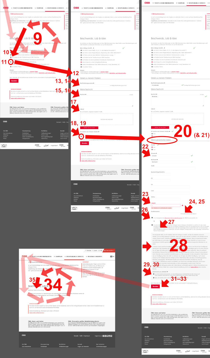 Screenshots des Fahrgeldnachforderungsbeieinspruchungsformulars mit Pfeilen zu den einzelnen auszufüllenden Feldern.