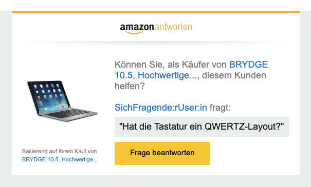 Screenshot Amazon-Mail, ob man eine Produktfrage beantworten kann.