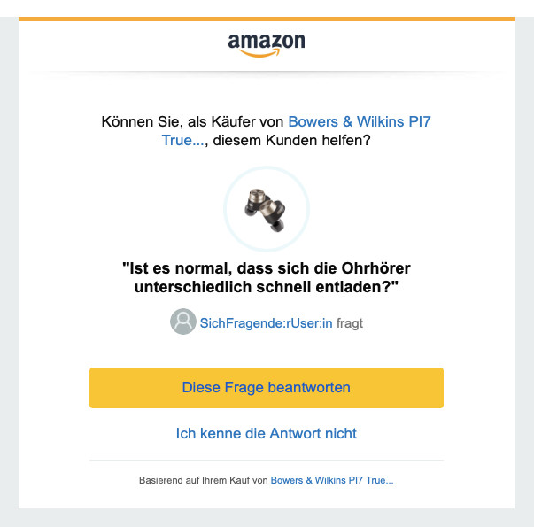 Screenshot neueres Amazon-Mail, ob man eine Produktfrage beantworten kann inkl. 'Kenne Antwort nicht'-Option.