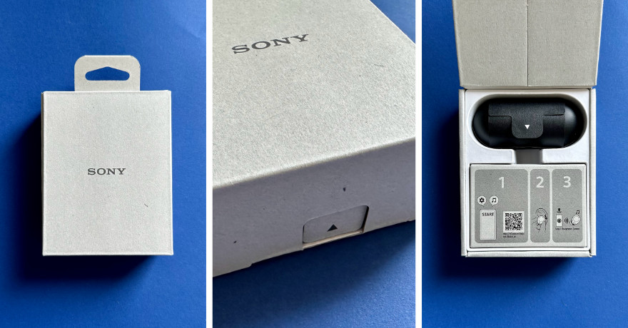 Sony WF-C700 - Box in Recycle-Grau, Lasche in Großaufnahme, Deckel hochgeklappt.