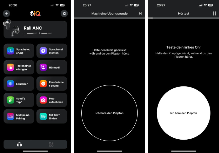 3 Screenshots aus der Skull-iQ-App von Skullcandy: Startseite mit Buttons (Persönlicher Sound führt zu Mimi), Hörtest, Hörtest mit gedrücktem Button.