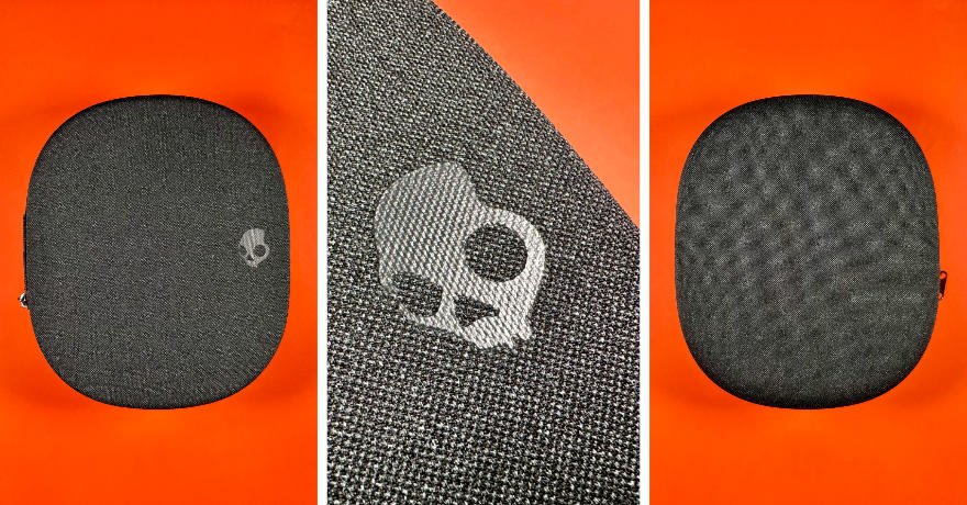 Links: Das geschlossene Case von oben. Mitte: Das Skullcandy-Logo am Case in Großaufnahme. Rechts: Das Case von hinten.