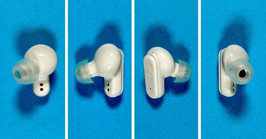 Von links nach rechts: Der rechte Ohrhörer von 4 Seiten; einmal der Innenseite, schräg Innenseite/hinten, schräg Außenseite/vorn, schräg Innenseite/vorn.