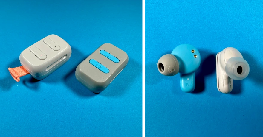 Links: Das Case der Dime 3 und Dime 1. Rechts: Der rechte Ohrhörer der Dime 1 und der Dime 3.