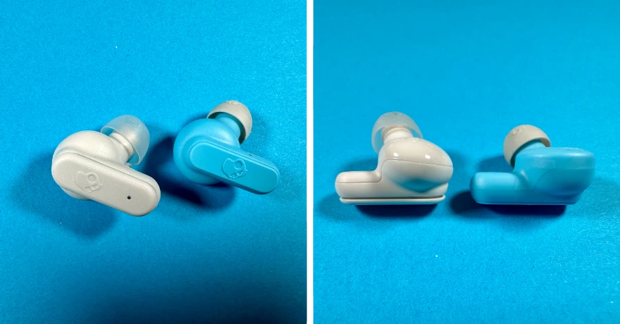 Links: Die rechte Ohrhörer der Dime 3 und 1 von außen. Rechts: Die Buttons der Dime 3 und 1 im Vergleich.