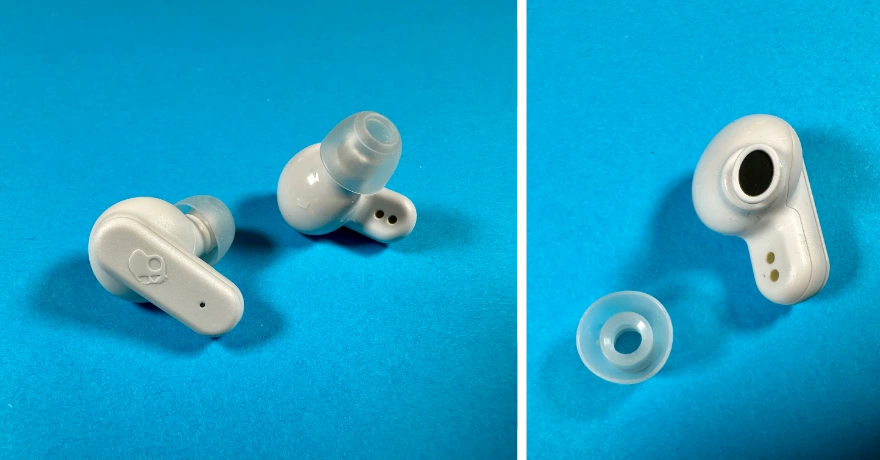 Links: Die Ohrhörer der Dime 3 in Vorder- und Hinteransicht. Rechts: Die leider doch ovalen Treiberauslässe.