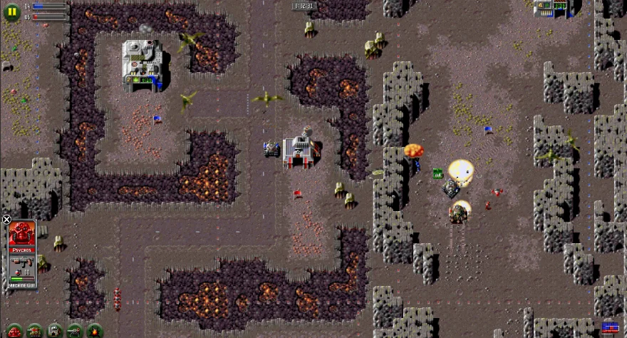 Eine vulkanartige 2D-Landschaft von oben, in der sich Roboter zu Fuß und in Panzern bekämpfen.