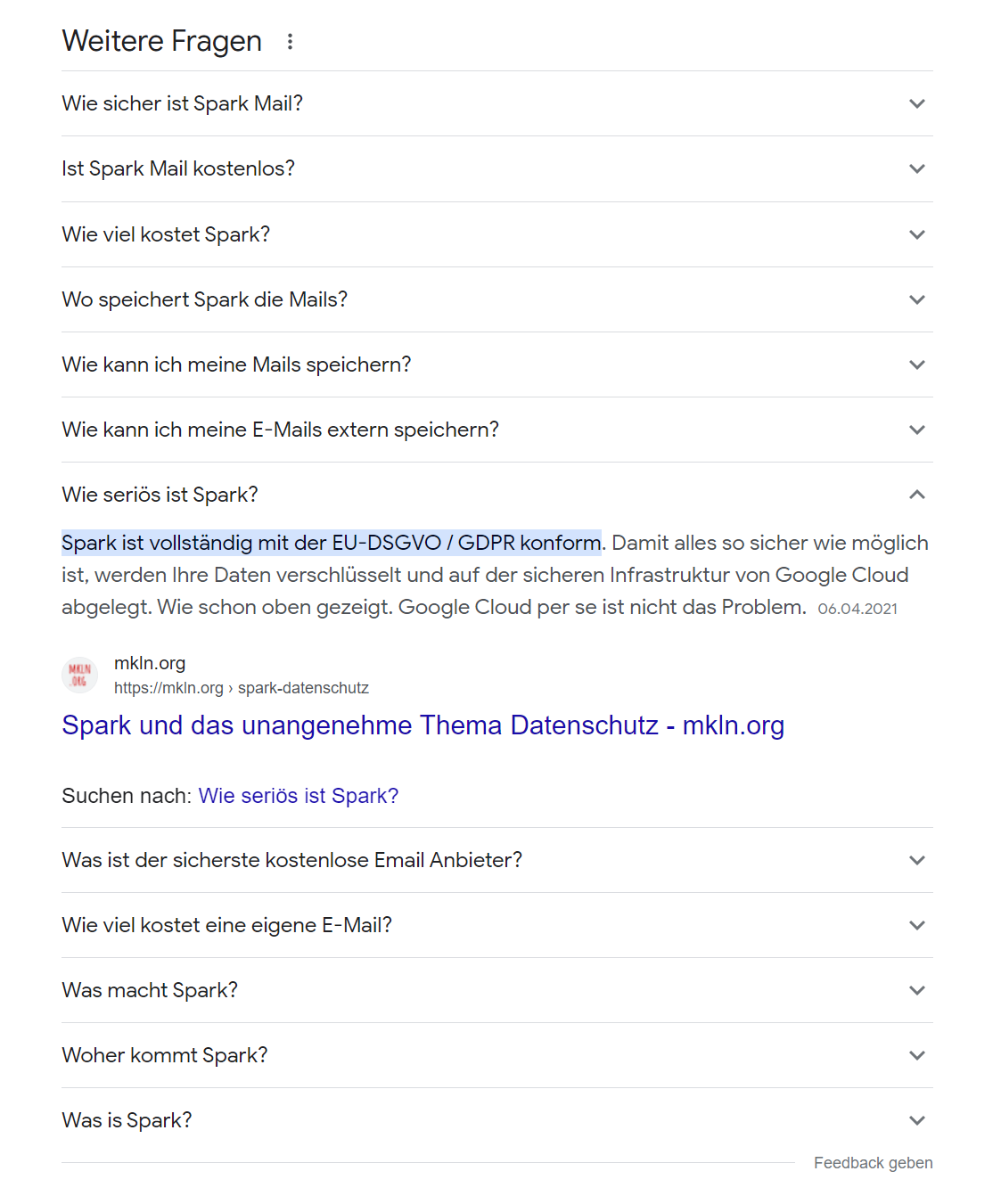 Screenshot der »Weiteren Fragen« auf der Google-Suchergebnisseite, die Frage »Ist Spark seriös?« ist mit Antwort ausgeklappt.