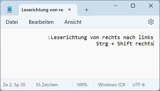 Screenshot des Windows Editors mit Beispieltext in Leserichtung von rechts nach links, Text ist dabei rechtsbündig ausgerichtet.