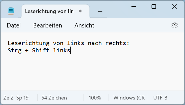Screenshot des Windows Editors mit Beispieltext in Leserichtung von links nach rechts.