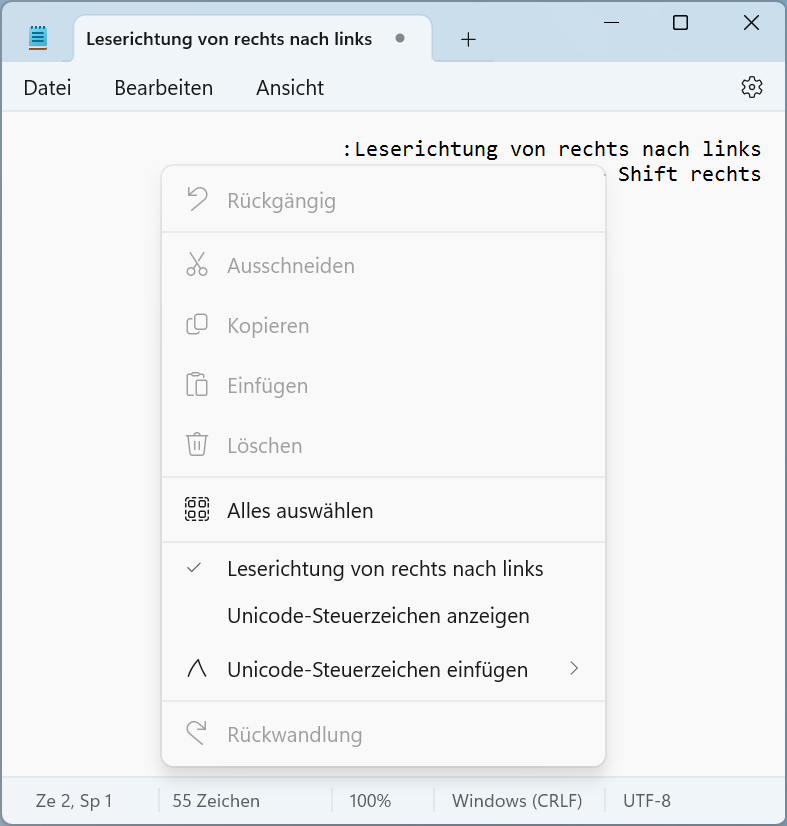 Screenshot des Kontextmenüs im Windows Editor mit Leserichtungs-Option.